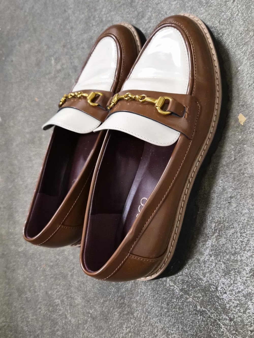 Franco Sarto Classic Brown and White Leather Loafers with Gold Bit Detail